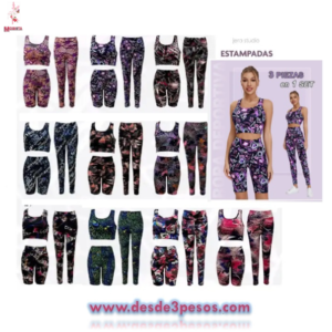 Set Deportivo de tres Piezas pantalon, top y pantalon corto con estampados da hasta una talla 36 aprox.