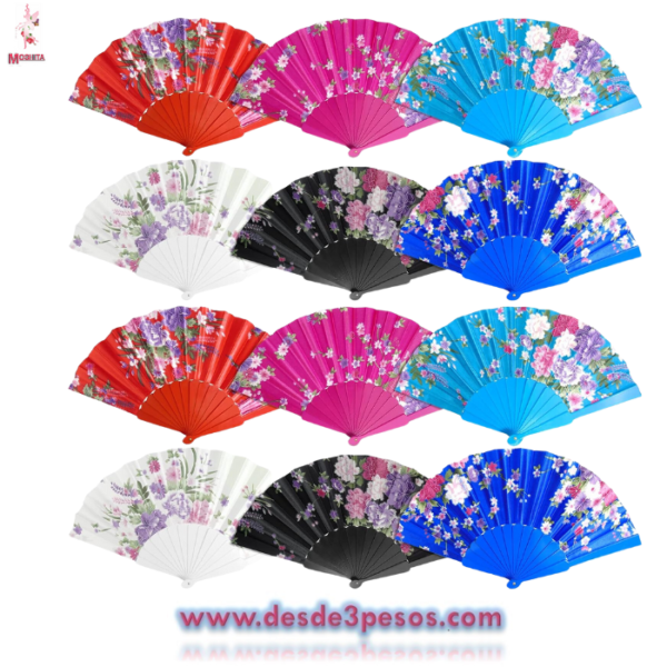 Abanico de plastico,decorado en tela en 6 Colores diferentes 22.5 cms