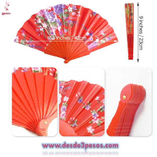 Abanico de plastico,decorado en tela en 6 Colores diferentes 22.5 cms - Imagen 2