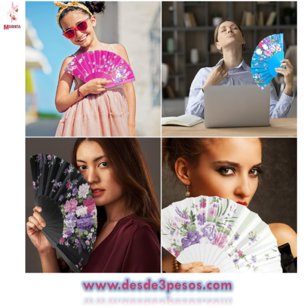 Abanico de plastico,decorado en tela en 6 Colores diferentes 22.5 cms - Imagen 3