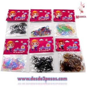 Paquete con 12 Bolsas de Liga latex para cabello contenido 200 pzas en bolsa en varios colores