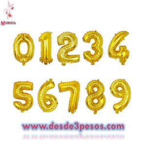 Bolsa con 10 Globos de Numeros 68 x 46cm. Aprox. En color Dorado del 0 al 9