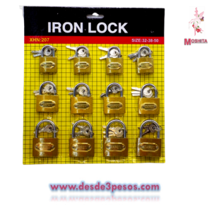 Blister de 12 Candados de Metal Dorado con Juego de Llaves 5.5 x 4, 6 x 4.5 y 7 x 5cm. IRON LOCK