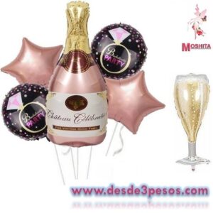 Paq. De 4 Globos en forma de Botella champagne rosa,contiene 1 Botella 90 X 48cm, 1 Copa 90 x 38cm