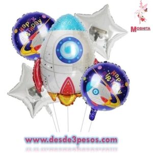 Paq. c/5 Globo Metalico de Nave Espacila 76 x 60cm , 5 x 43cm