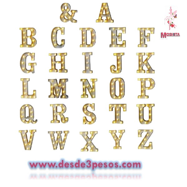 Letras Mayusculas de la A a la Z blancas con focos color calido 22.5 x 18cm. Precio por 1pza.