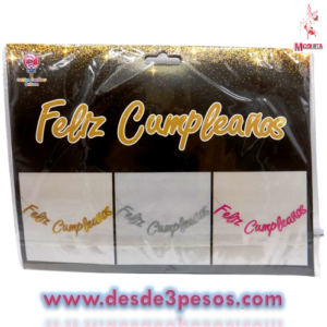 Tira Feliz Cumple?os con letras de carton delgado con Diamantina en colores paquete con 1pza. 1.90cm. Largo x 19cm. De ancho