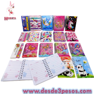 Tira de 4 Libretas 37 Hojas Espiral de metal Diferentes Diseños 11.5 x 8.5cm.