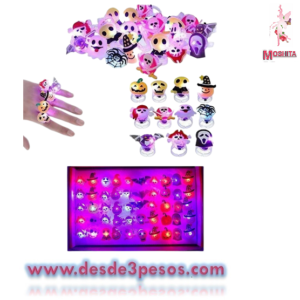 Caja con 50 anillos de Halloween con luz diferentes modelos pilas incluidas
