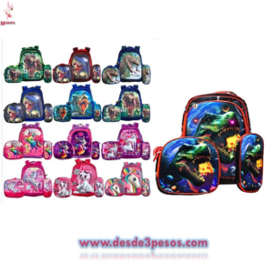 COMBO DE 3 PIEZAS DE MOCHILA ESCOLAR CON LUZ 45 x 30cm +
