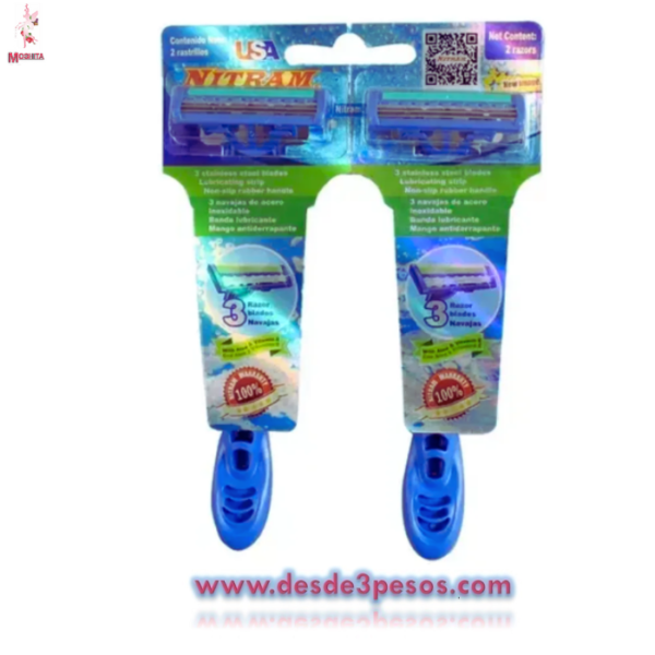 2 pares de Rastrillos NITRAM 3 Navajas de acero con banda lubricante Mango Antiderrapante R-MET