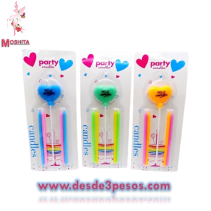 Blister de 4 Velitas incluye 4 pzas de palito y 1 con corazon en colores neon 11 y 14cm.