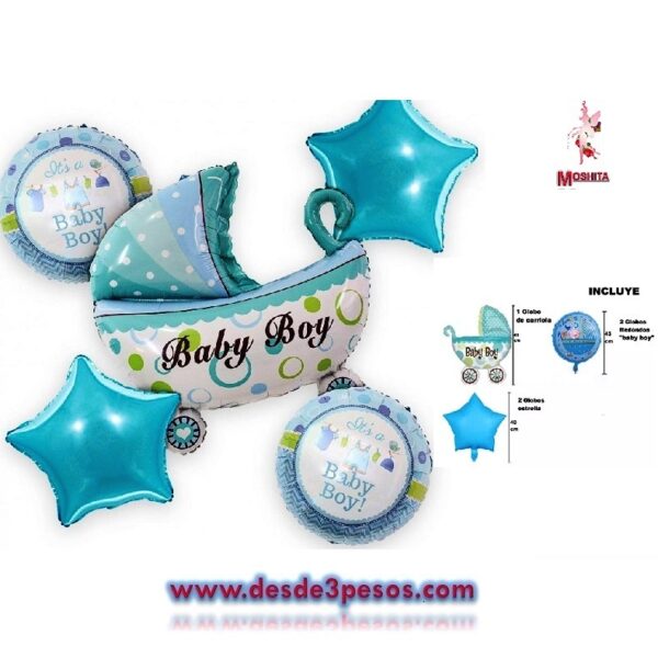 Juegos de 5 globos Carriola 60cm. corazon y estrella 42 cm. En tono azul