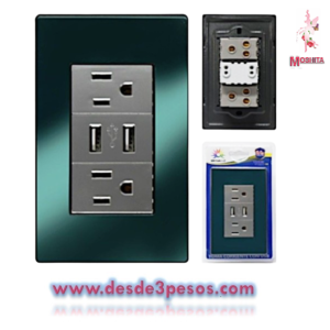 Contacto Placa 2 Toma Corriente Para Pared Con 2 Puertos USB 17 x 11cm. En acero