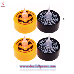 Vela Luminosa con pilas incluidas con figura de telara?a y calabaza 4 x 4cm. Caja con 24pza. Precio por 1pza.