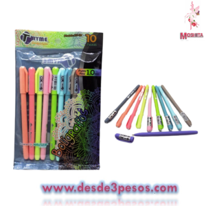 bolsa con 10 Boligrafos 10pza. Punto fino 1.0mm en colores pastel tinta ultra suave