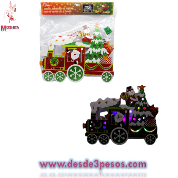 Adorno para Ventana Santaclaus en locomotora con colorido diamantado Luz Multicolor se conecta a la luz 35 x 28cm. TS-3004