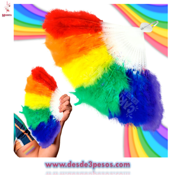Abanico Plumas Arcoiris 38.5 x 24cm.