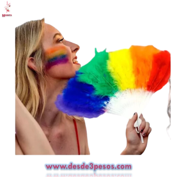 Abanico Plumas Arcoiris 38.5 x 24cm. - Imagen 2