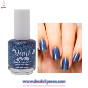 Esmalte para uñas MOSHITA en color azul glitter con rojo 15ml.
