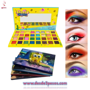 Paleta de Sombras Bob Esponja 32 Tonos con espejo tonos matte, gliter y marmoleados 23 x 12cm.