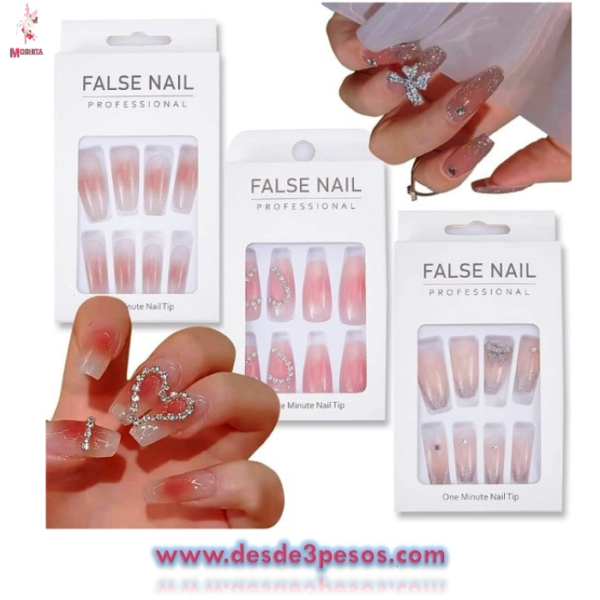 Caja con 12 Uñas Postizas decoradas y diseño de pedreria variedad de modelos bolsa con 12 cajas precio por 1 caja.