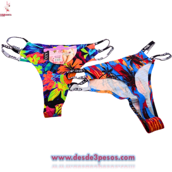 Panty Tanga Tela Invisible decorada con dos resortes a los costados da una talla 28 a una 32aprox. Unitalla - Imagen 2