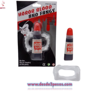 Blister de Sangre Artificial Liquida 10 x 3cm con Colmillos 6 x 4cm.