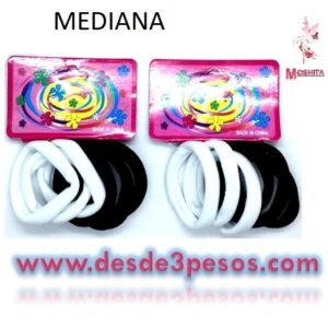 Bolsa con 12 piezas con 6 Ligas 3 Color NEGRO y 3 BLANCAS de Material Lycra. MEDIANA 5.5 cms. Precio Unitario $2.82