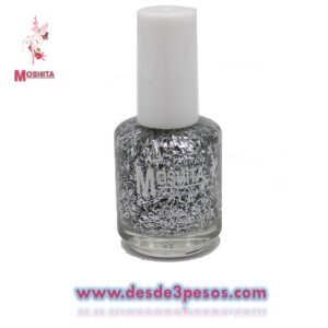 Esmalte para Uñas MOSHITA Color PLATEADO CON GLITTER con 15 ml.