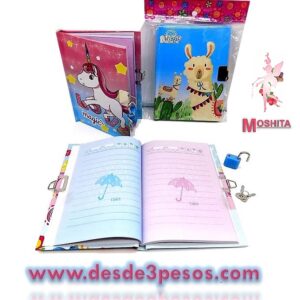 Diario CHICO, hojas estampadas, con candado, pasta dura. Medidas 17 X 10 cms