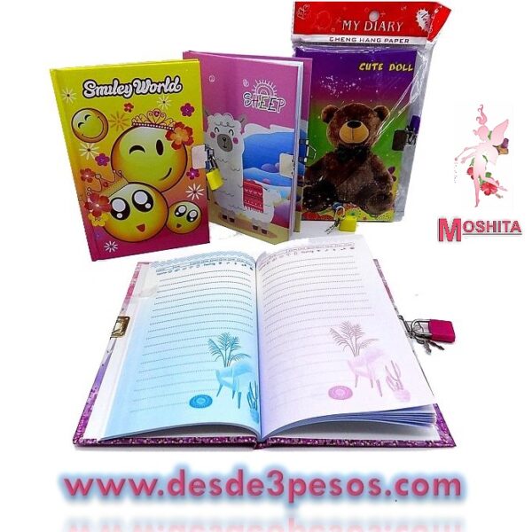 Diario mediano, hojas estampadas, con candado, pasta dura. Medidas 12X 19 cms