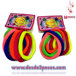 Paq.c/12 Pzas c/ 6 Ligas de Licra GRANDE en Colores NEON 8.5 cm Precio Unitario $3.60