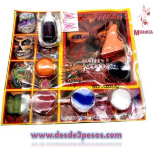 Blister de Pinta Carita para Halloween contiene 5 colores diferentes, 1 frasco de sangre, Colmillos y Nariz