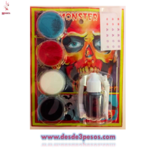 Blister de Pinta Carita Chico para Halloween contiene 4 Pinturas diferentes colores, 1 Frasco de sangre,Colmillos y 1 tatuaje.
