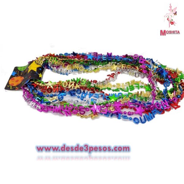 Paquete con 12 Collares Con la Frase de Feliz Cumpleaños en colores cromados 6 Tonos 36cm. De largo aprox. - Imagen 2