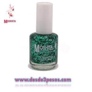 Esmalte para uñas Moshita en color transparente con glitter verde bandera 15ml.