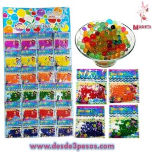 Carton con 20 sobres de Bolitas de Hidrogel, 5 colores, Rojo, Verde, Transparente, Naranja y Amarillo