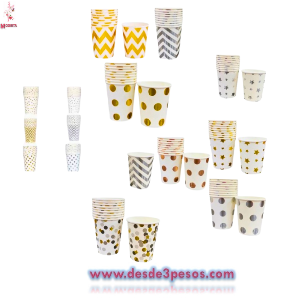 Bolsa con 10 Vasos de Cartón en color Blanco con figuras plateadas 8.5 x 7cm. - Imagen 2