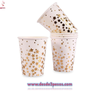 Bolsa con 10 Vasos de Cartón en color Blanco con figuras plateadas 8.5 x 7cm.