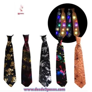 Corbata tela con Luz Led con decoración Para Halloween 4 modelos con resorte ajustable 34cm. De largo