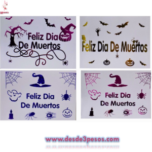 Hoja de Calcomanía de letras para carteles, Feliz día de Muertos 28 x 21cm. Medidas de hoja bolsa con 12pza.