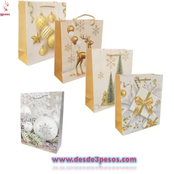 Paquete con 12 Bolsa Chica de Regalo en papel Delgado con Decoracion Navideña 22 x 18 cm - Imagen 2