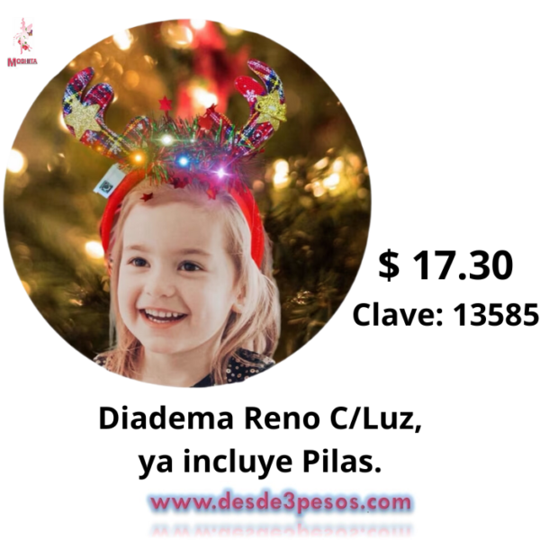 Diadema Orejas de Reno con Luz pilas incluidas 24 x 17cm. - Imagen 2