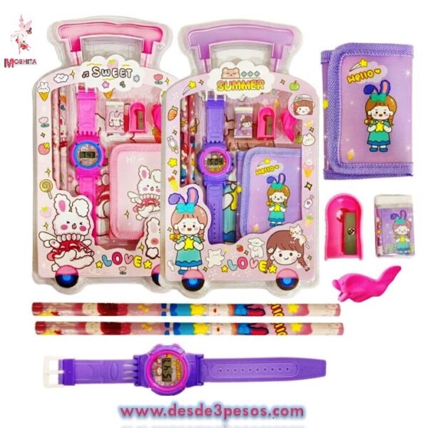 Kit Escolar 7 pza. contiene 1 cartera, Reloj, 2 Lapiz, 1 Goma, 1 Sacapuntas y Goma 30 x 16.5cm. Medidas del Kit - Imagen 4