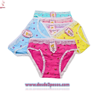 Bolsa con 12 pza. Panty Bikini de niña decorado diseño y encaje de algodón licra talla 4 a la 10 aprox. Costo Unit.$13