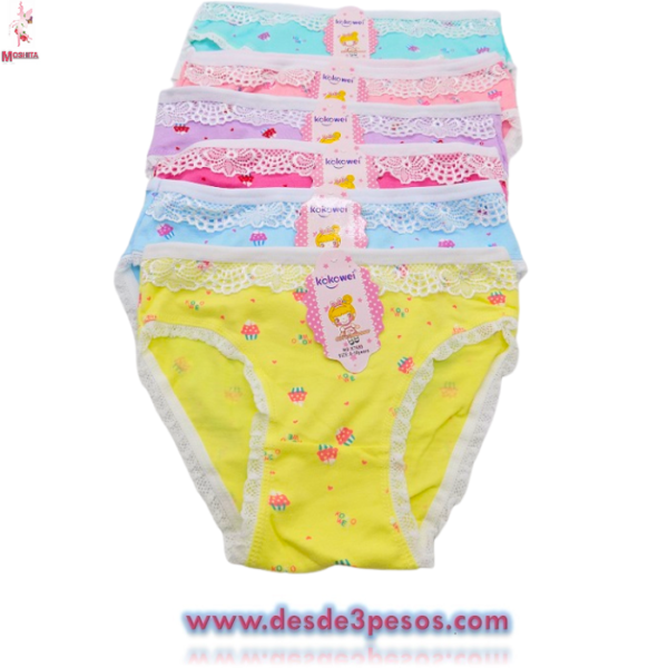 Bolsa con 12 pza. Panty Bikini de niña decorado diseño y encaje de algodón licra talla 4 a la 10 aprox. Costo Unit.$13 - Imagen 2