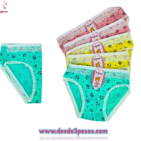 Bolsa con 12 pza. Panty Bikini de niña decorado diseño y encaje de algodón licra talla 4 a la 10 aprox. Costo Unit.$13 - Imagen 3