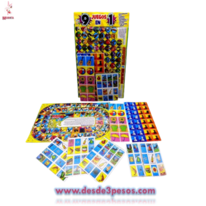 9 en 1 Loteria10.5 X 7.5cm. con Serpientes y Escaletas, 22 X 15.5cm. Ajedrez, Gato, Laberinto, Encunetra Diferencias, Timbiriche