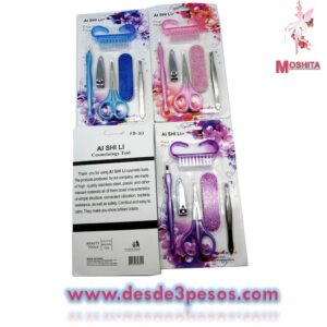 Blister con Juego de Manicure con Corta uñas, Tijeras, Pinza , Lima, Cepillo , 6 piezas 3 colores